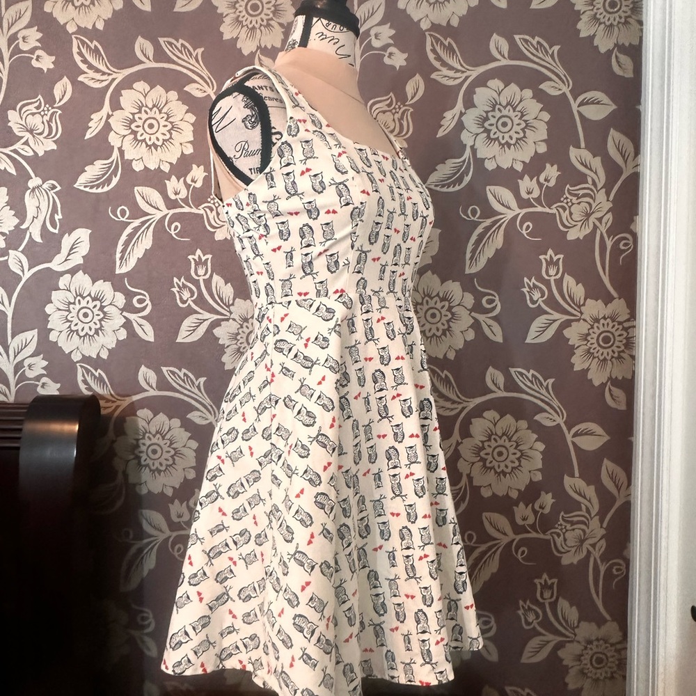 ModCloth Black Owls & Red Hearts Pattern A-Line Dress - Size Medium
